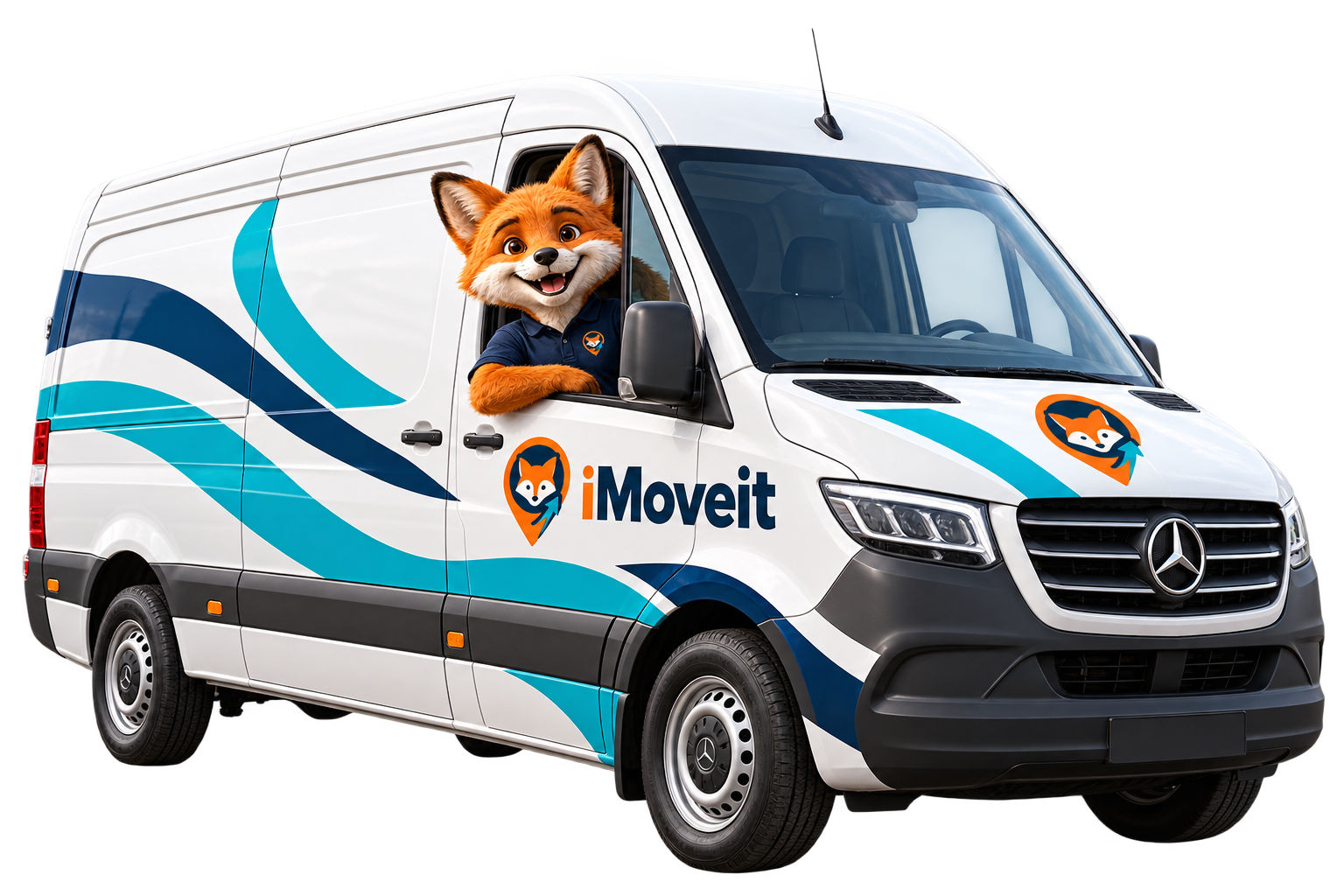 Mo the fox in the supplied iMoveit-branded transport van